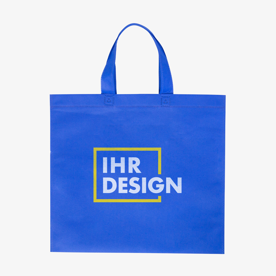 Blaue Non-Woven-Tasche ohne Bodenfalte mit kurzen Henkeln