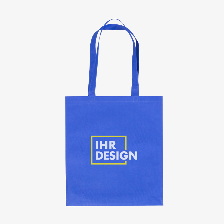 Non-Woven-Tasche (blau) ohne Bodenfalte mit langen Henkeln, individuell bedruckt