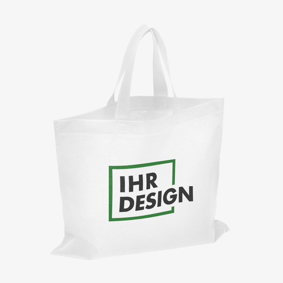 Weiße Non-Woven-Tasche ohne Bodenfalte mit Kurzhenkeln und zweifarbigem Siebdruck