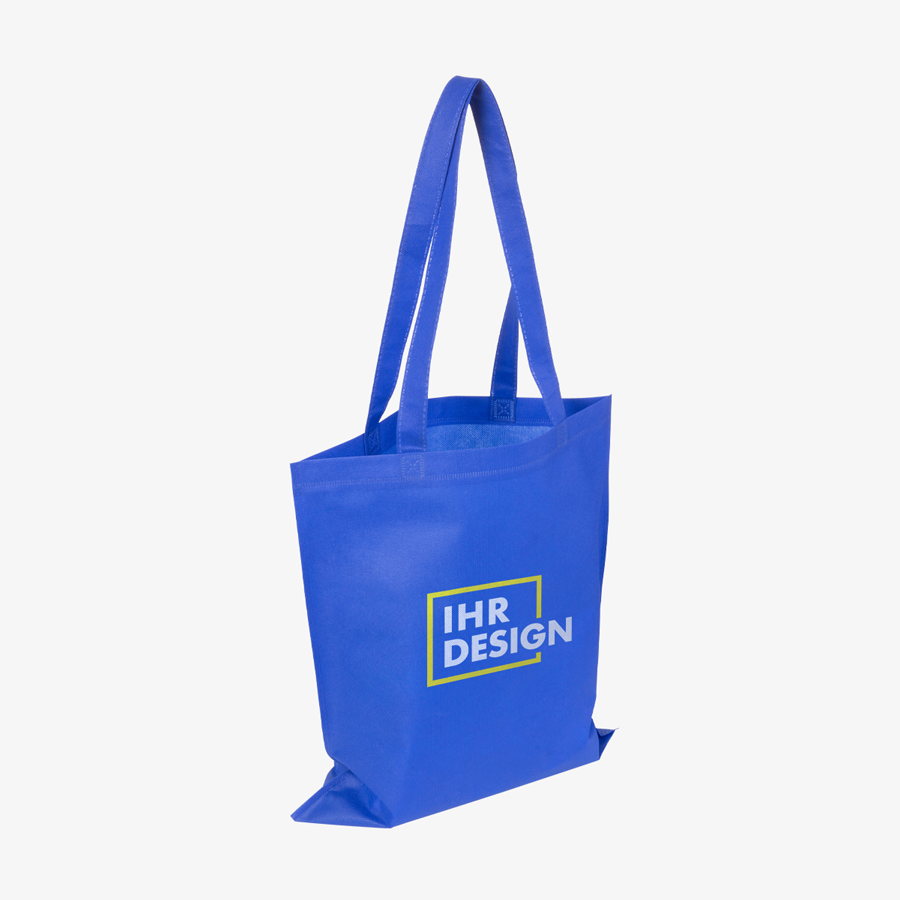 Blaue Non-Woven-Tasche ohne Bodenfalte, mit langen Henkeln und 2-farbigem Druck