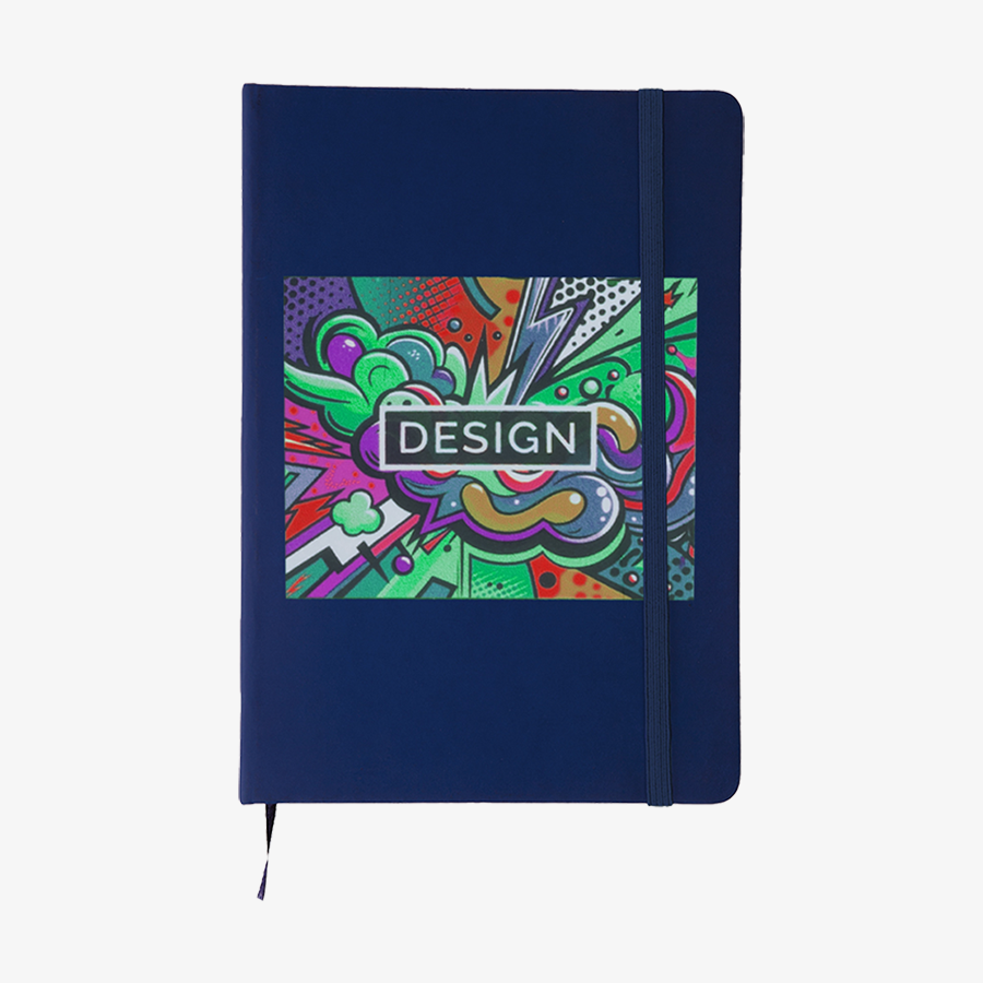 Blaues Notizbuch in DIN A5 mit Kunstleder-Cover und Druck auf der Vorderseite