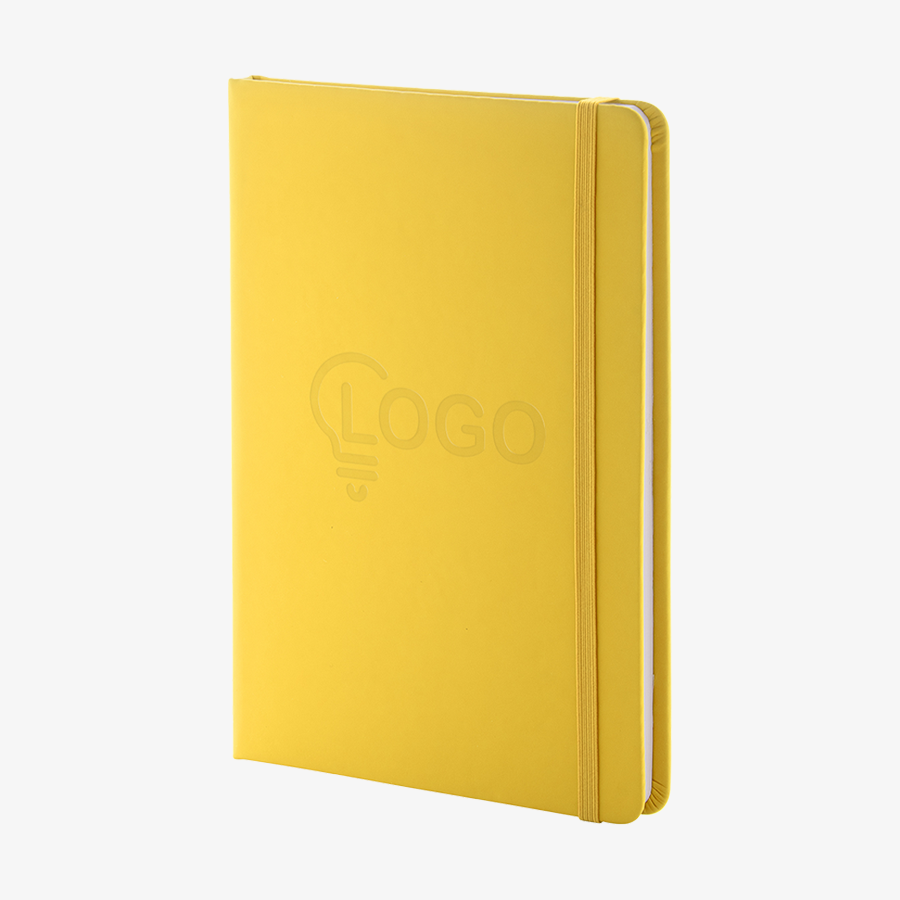 Gelbes Notizbuch in DIN A5 mit Kunstleder-Cover und Prägung auf der Vorderseite