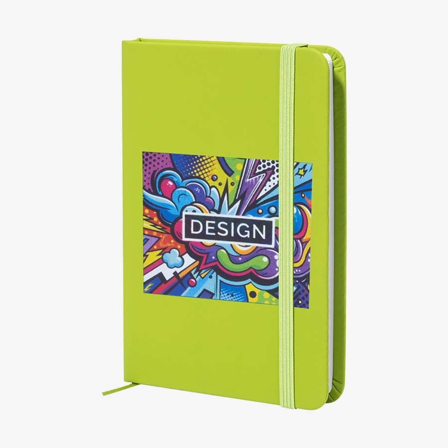 Notizbuch in DIN A6 mit Kunstleder-Cover und Druck auf der Vorderseite