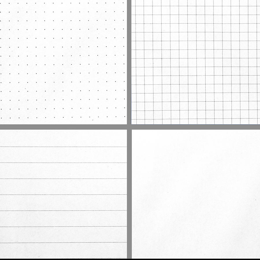 Notizbuch-Beispielseiten gepunktet, kariert, liniert und blanko