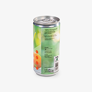 Köstlicher Orangensaft in bedruckter Getränkedose aus Aluminium, Rückseite