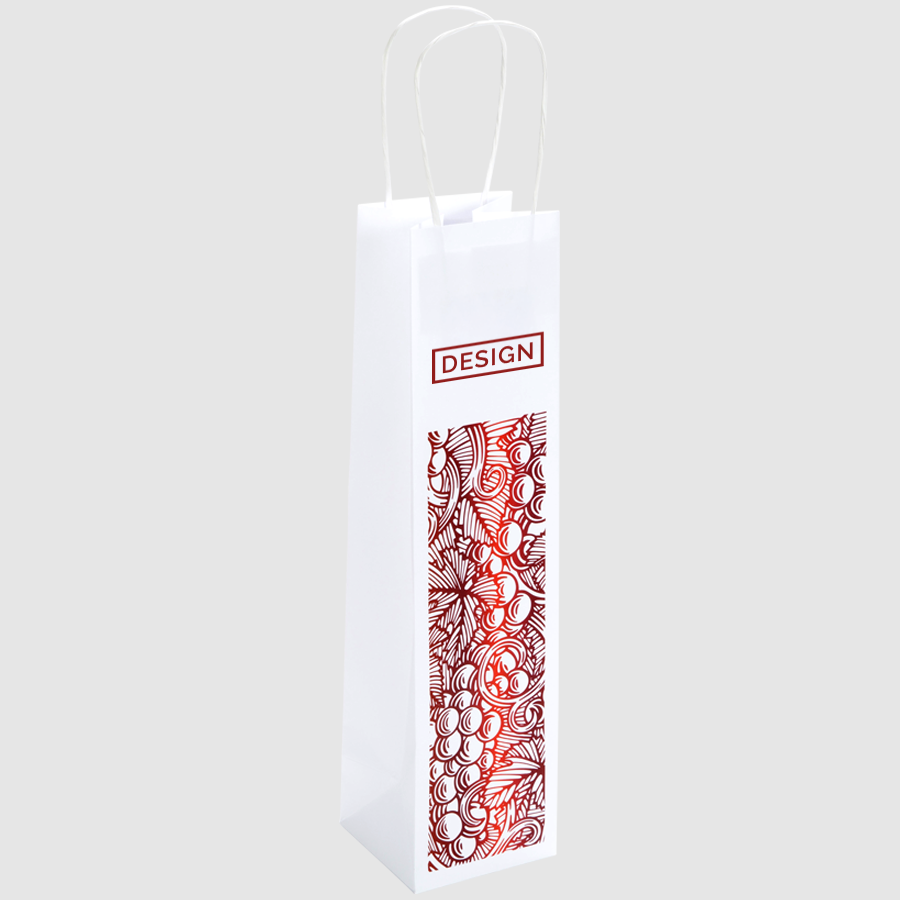 Weiße Papiertragetasche im Format 10 x 40 x 10 cm mit weißen Papierkordeln und individuellem Druck