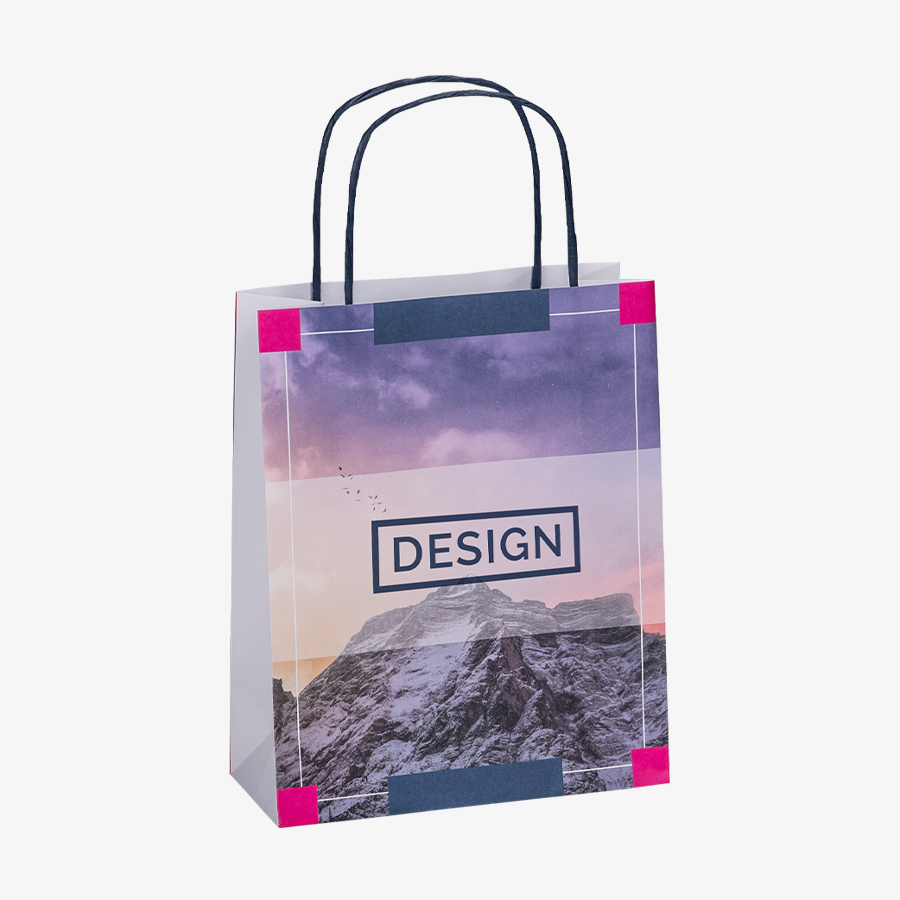 32 x 40 x 12 cm große Papiertragetasche mit blauen Papierkordeln und 4/0-farbigem Druck im Stehen
