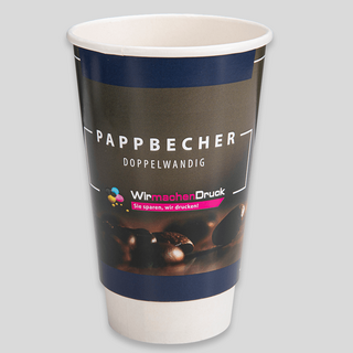Doppelwandiger Pappbecher im Stehen mit individuellem Druck in der Frontansicht