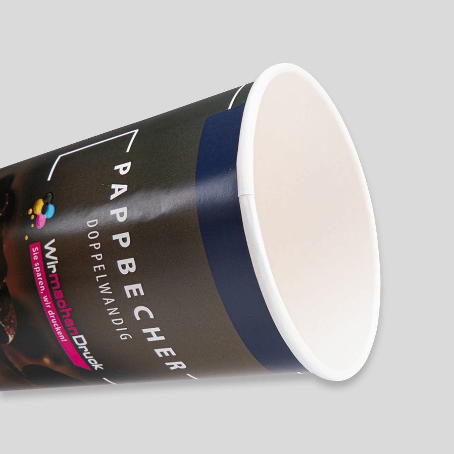 Doppelwandiger Pappbecher im Liegen mit individuellem Druck in der Seitenansicht