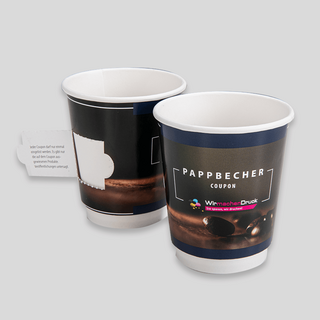 Doppelwandige Pappbecher als Coupon-Pappbecher mit abtrennbarem Feld, individuell bedruckt