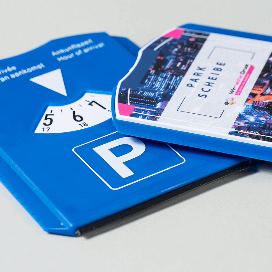 Multifunktions-Parkscheibe mit individuell bedruckbarer Rückseite
