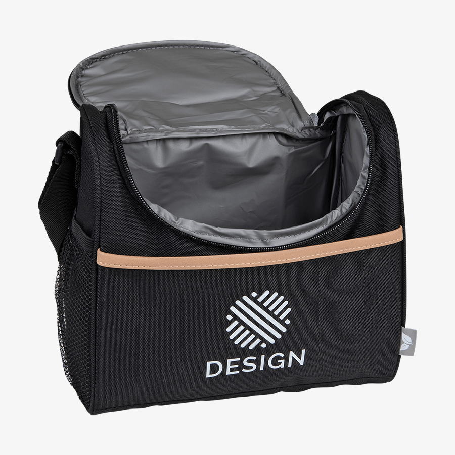 Schwarze, individuell bedruckte Picknick-Kühltasche mit drei Fächern und zusätzlichem Netzfach
