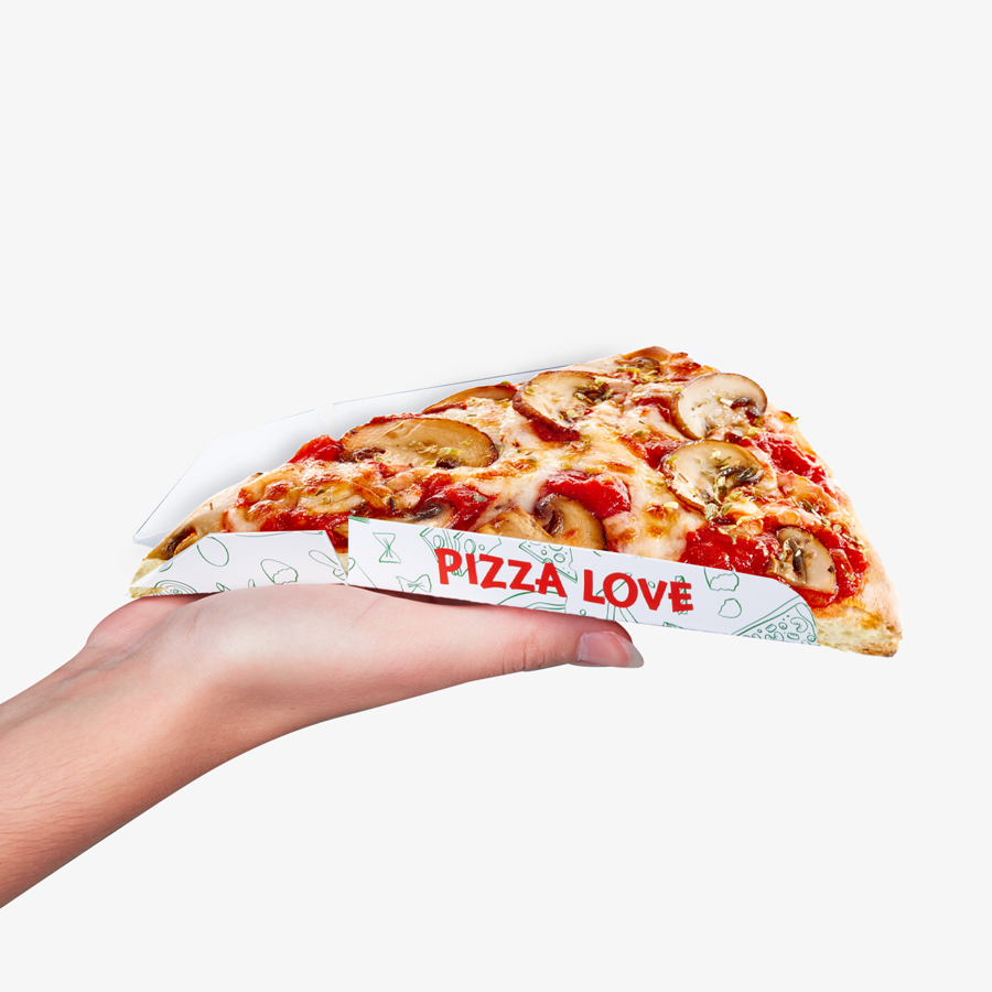 Vollfarbig bedruckte Pizzaecken-Verpackung aus Recyclingkarton mit Fettbarriere, Servierbeispiel
