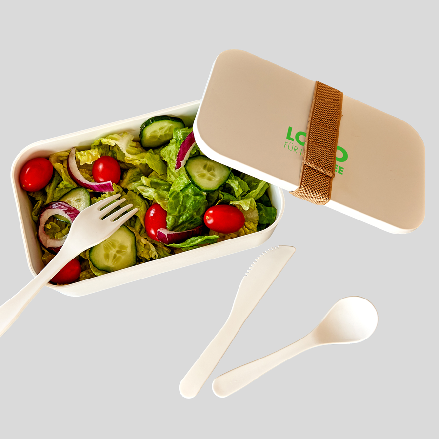 PLA-Lunchbox mit Silikonband inklusive Besteck mit individuellem Tampondruck auf dem Deckel