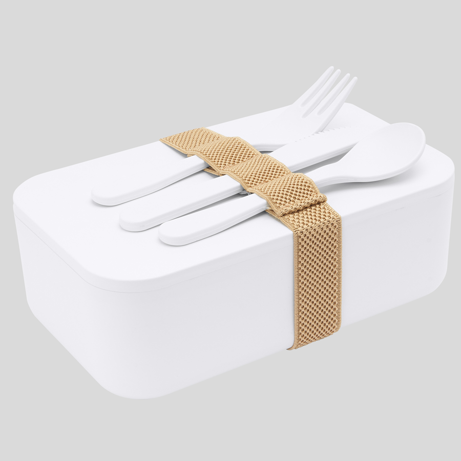 Geschlossene PLA-Lunchbox mit Silikonband inklusive Besteck