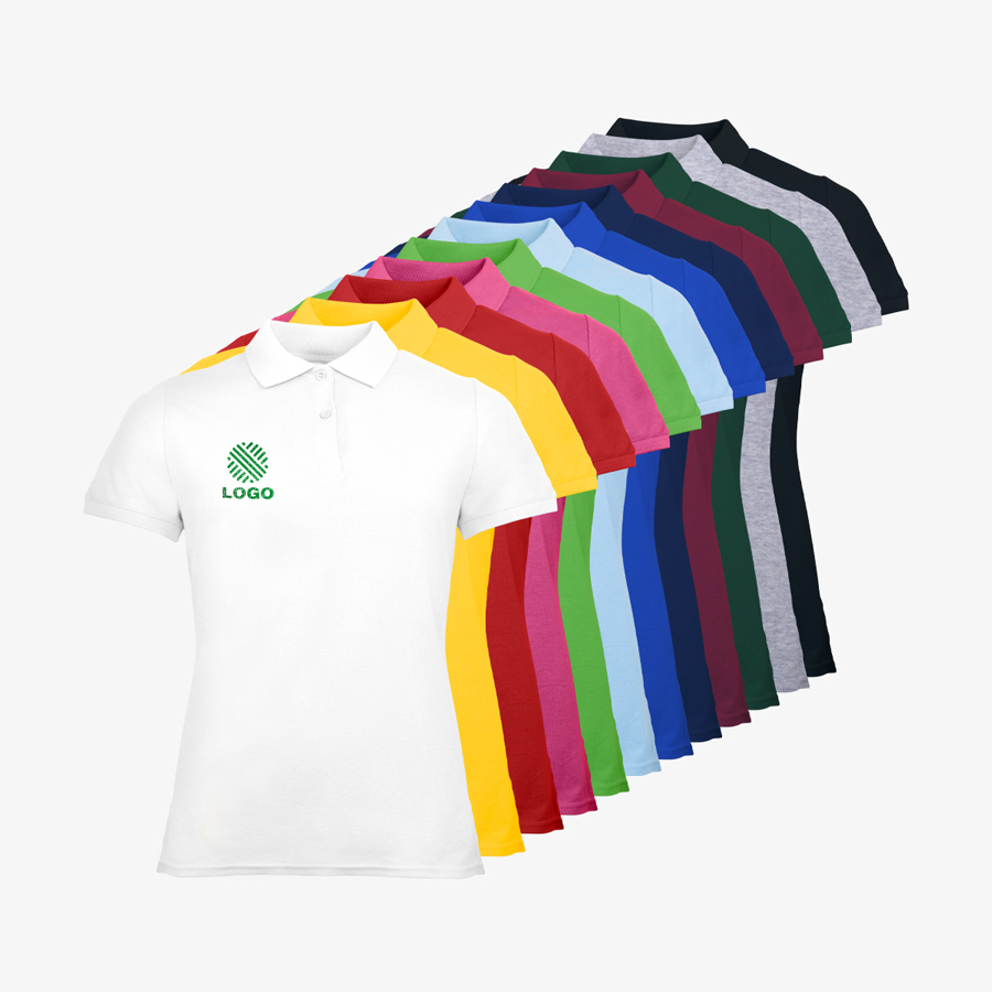 Damen-Basic-Poloshirts mit großer Farbauswahl von Fruit of the Loom, bedruckt im Digitaldirektdruck
