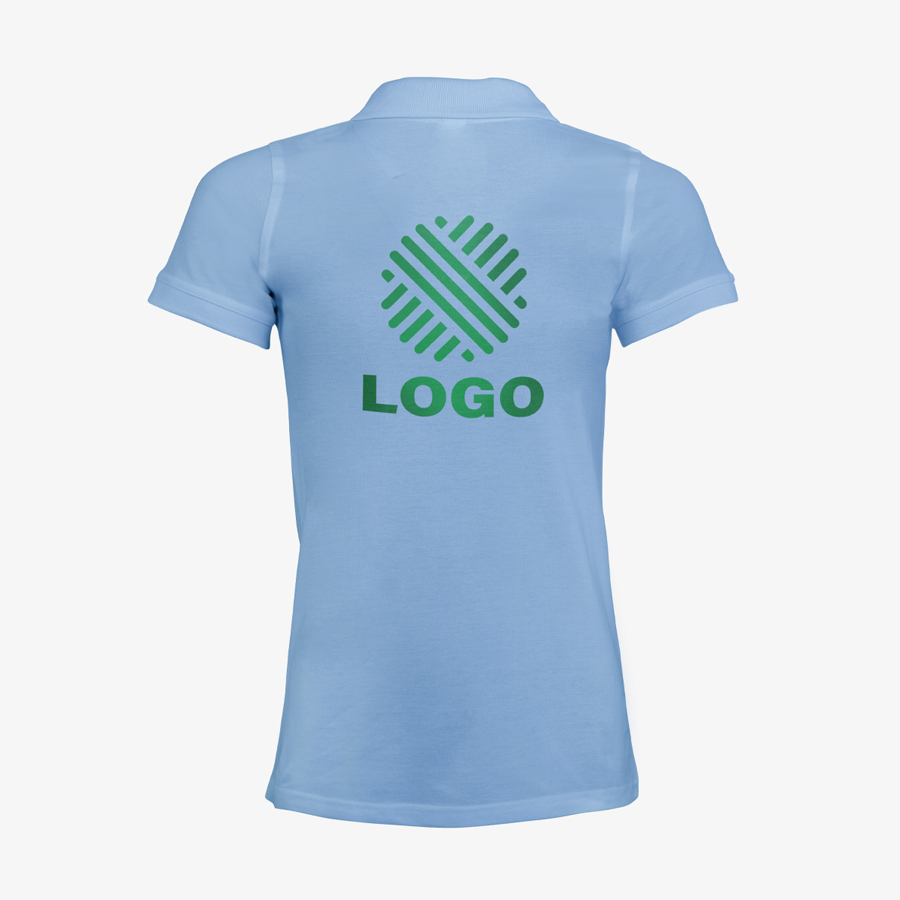 Hellblaues Basic-Poloshirt für Damen von B&C Collection mit individuellem Digitaldruck auf der Rückseite