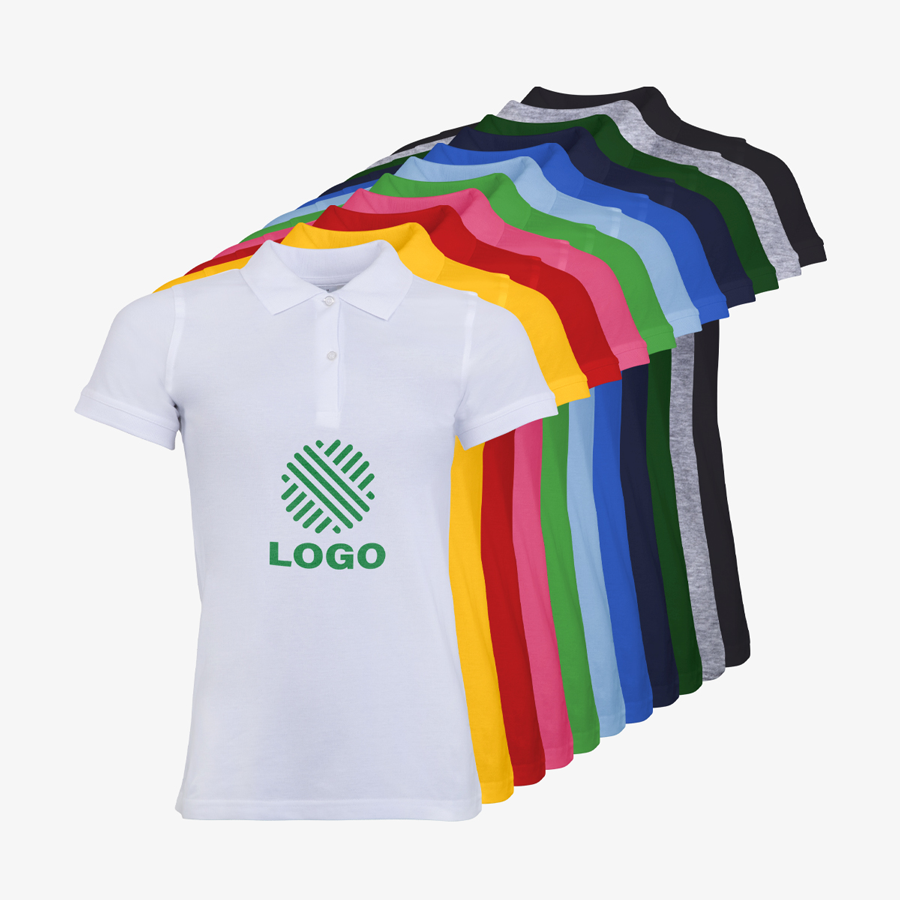 Basic-Poloshirts für Damen von B&C Collection in vielen Farben mit Digitaldruck vorne mittig