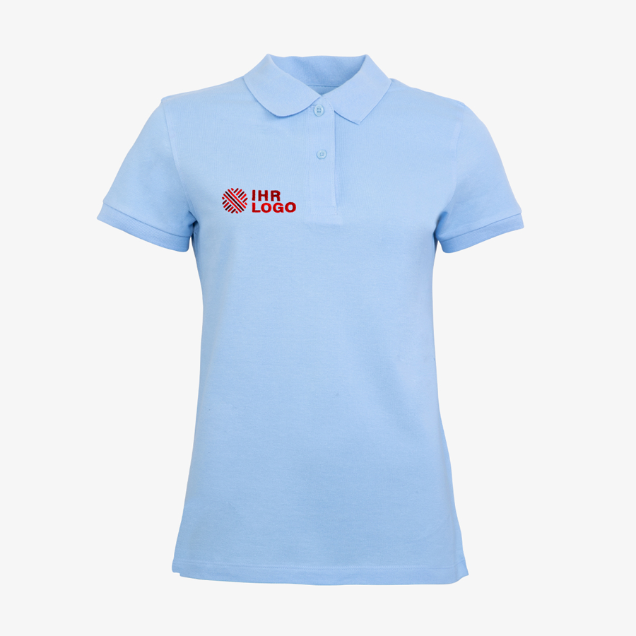 Blaues Organic-Poloshirt für Damen von B&C Collection mit individueller Stickerei auf der linken Brust