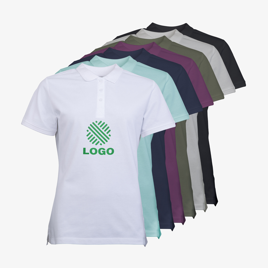 Organic-Poloshirts für Damen von Russell in vielen Farben mit Digitaldruck vorne mittig