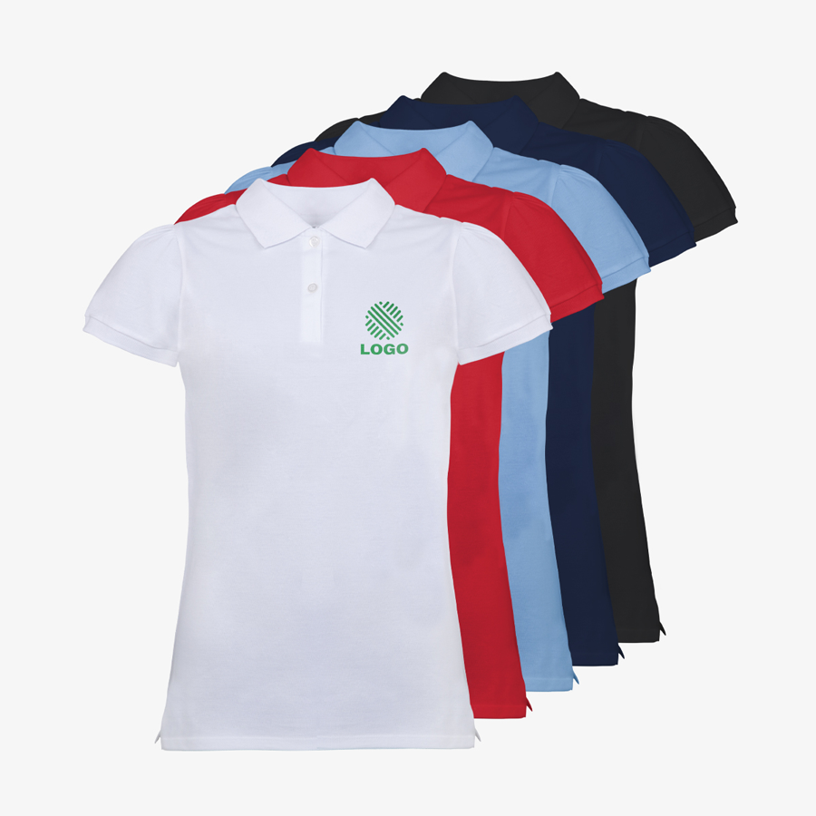 Premium-Poloshirts für Damen in vielen Farben, vorne rechts mit Digitaldruck bedruckt