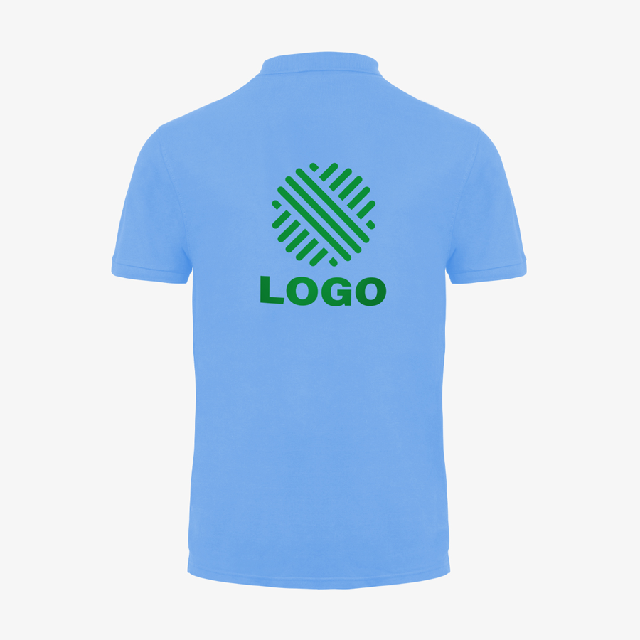 Basic-Herren-Poloshirt in Hellblau von Fruit of the Loom mit Digitaldruck auf der Rückseite