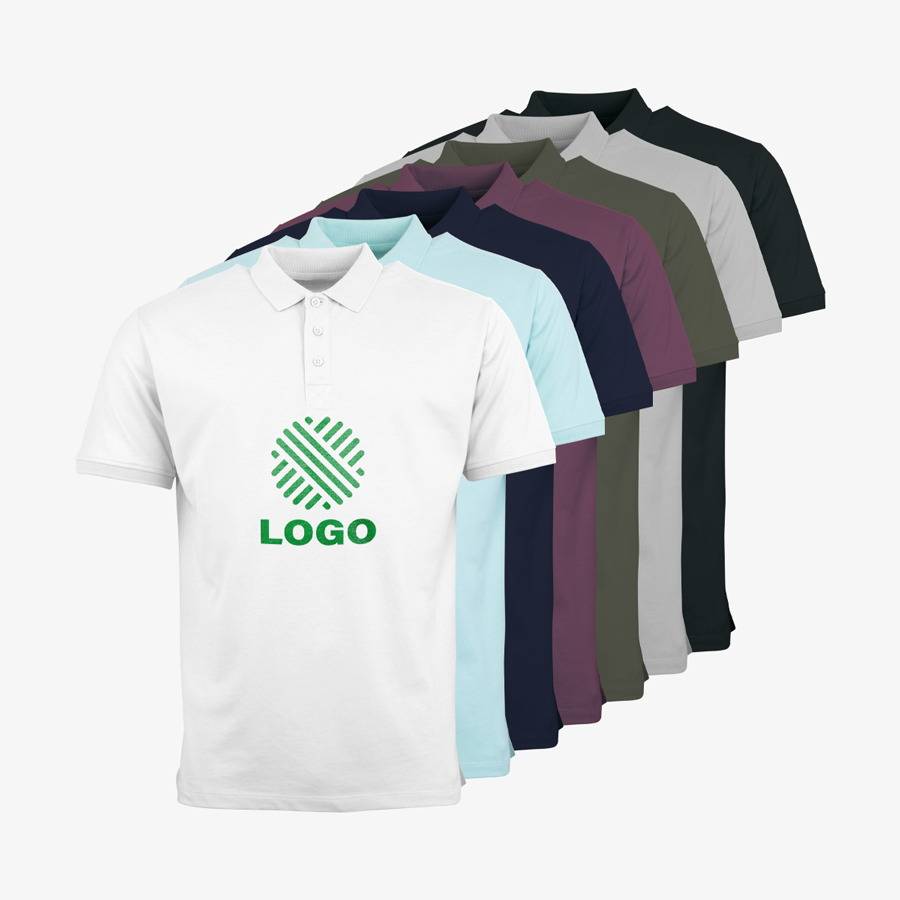 Organic-Poloshirts für Herren von Russell in vielen Farben mit individuellem Digitaldruck vorne mittig