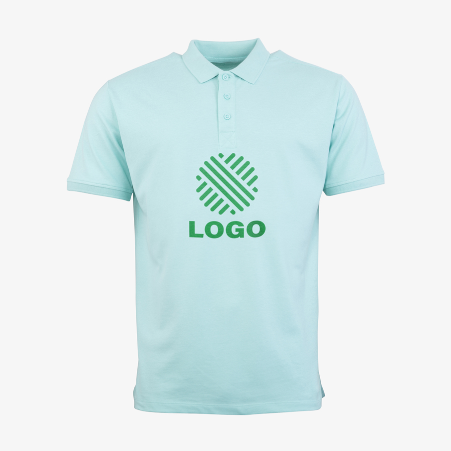 Organic-Poloshirt für Herren von Russell mit individuellem Digitaldruck vorne mittig