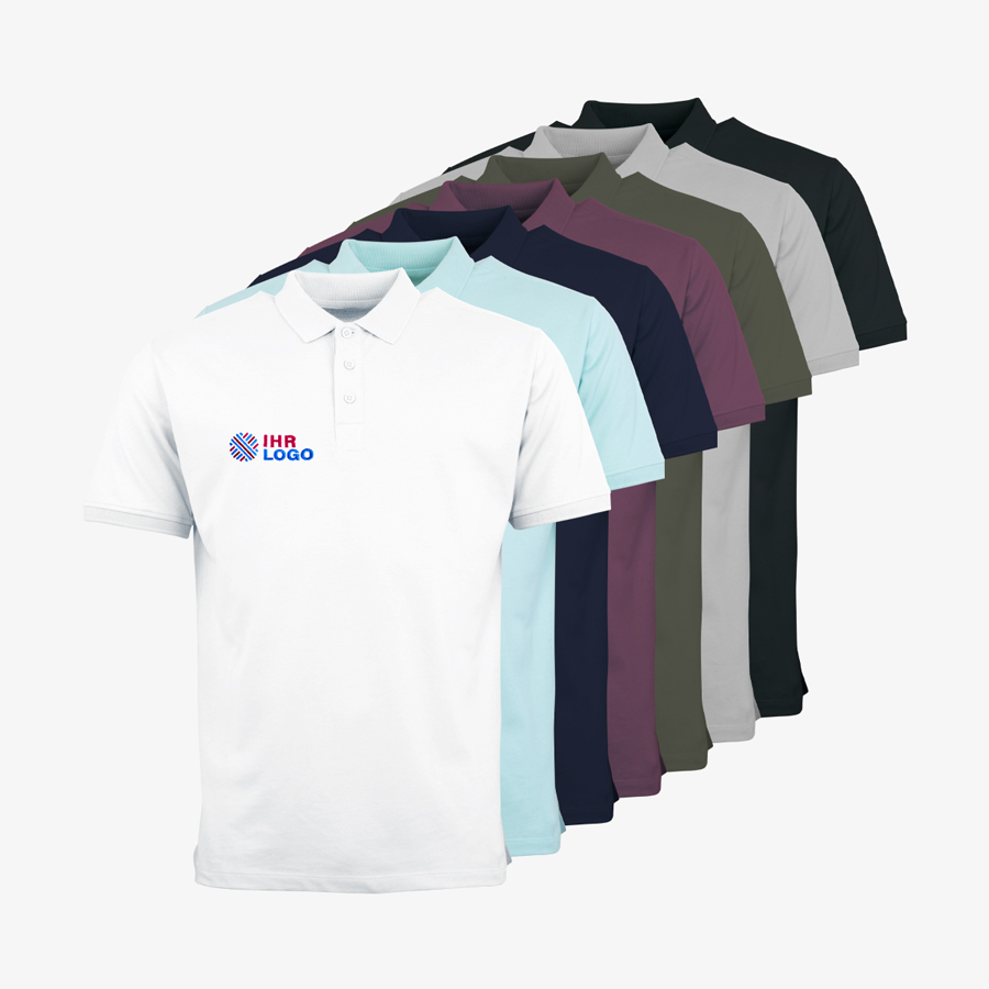Organic-Poloshirts für Herren in vielen Farben von Russell mit individueller Stickerei auf der linken Brust