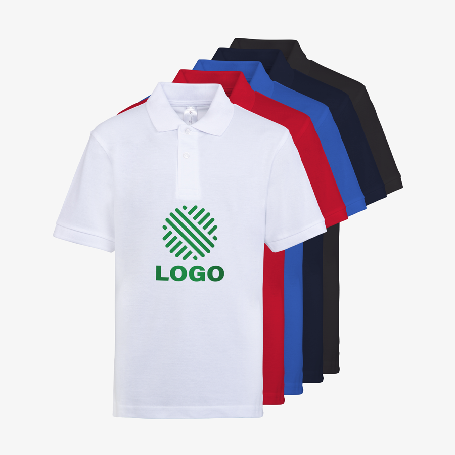 Basic-Kinder-Poloshirts in vielen Farben mittels Digitaldruck vorne mittig bedruckt