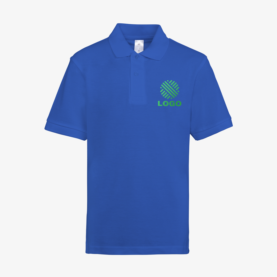 Basic-Poloshirt für Kinder in Royal Blue mit individuellem Digitaldruck auf der linken Brust
