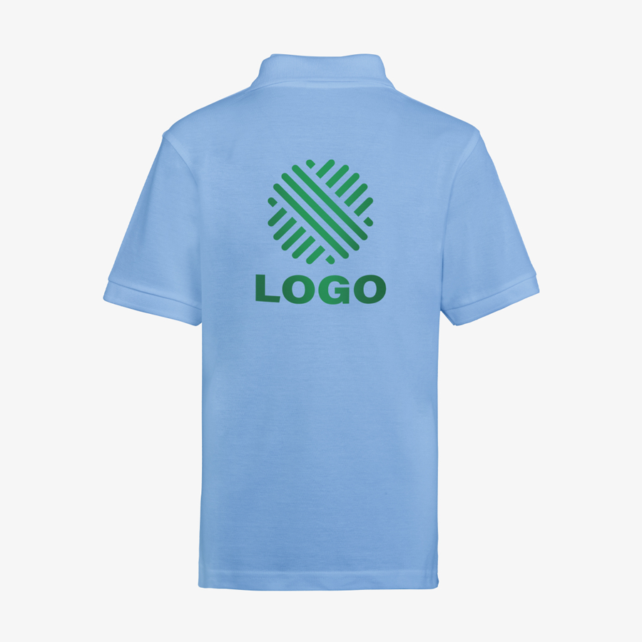 Hellblaues Basic-Poloshirt für Kinder, bedruckt mittels Digitaldruck auf der Rückseite