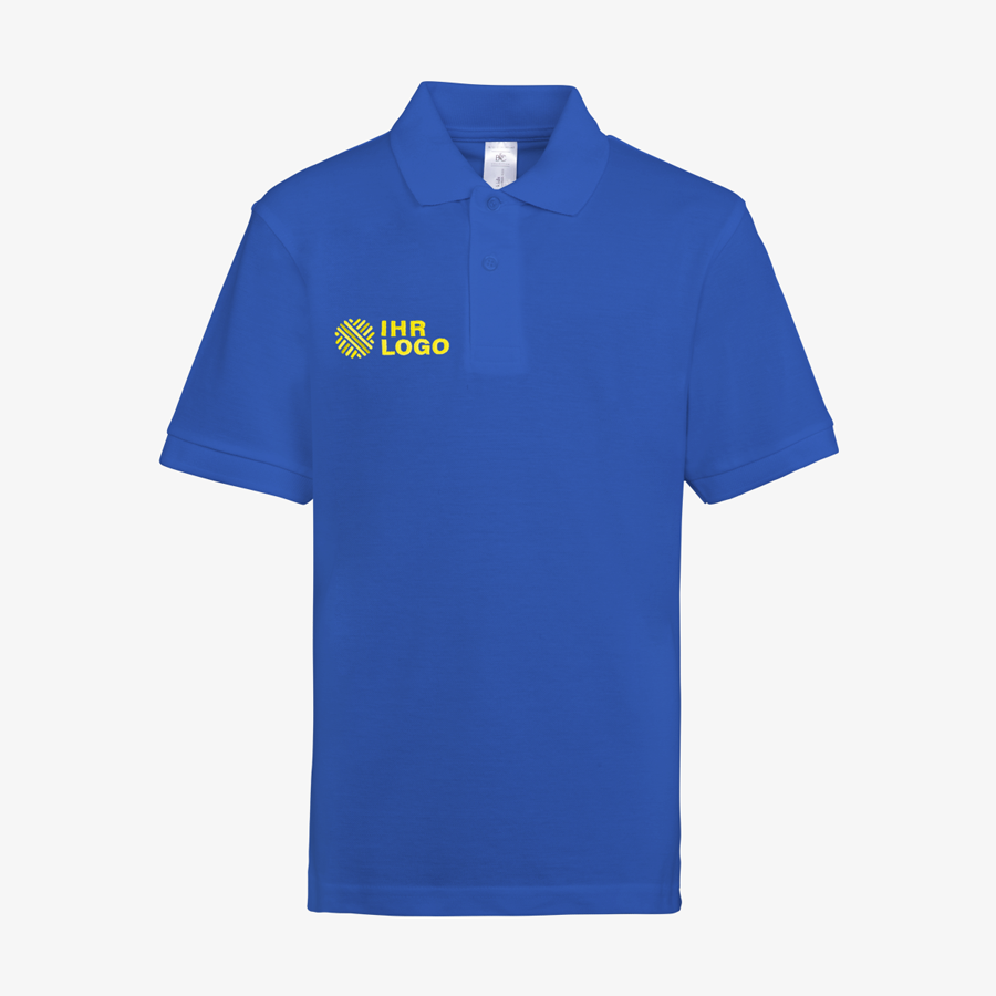 Blaues Basic-Poloshirt für Kinder von B&C Collection mit individueller Stickerei auf der linken Brust