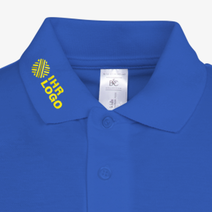 Basic-Poloshirt für Kinder in Royal Blue, mit individuell besticktem Kragen (rechts) in der Detailansicht 