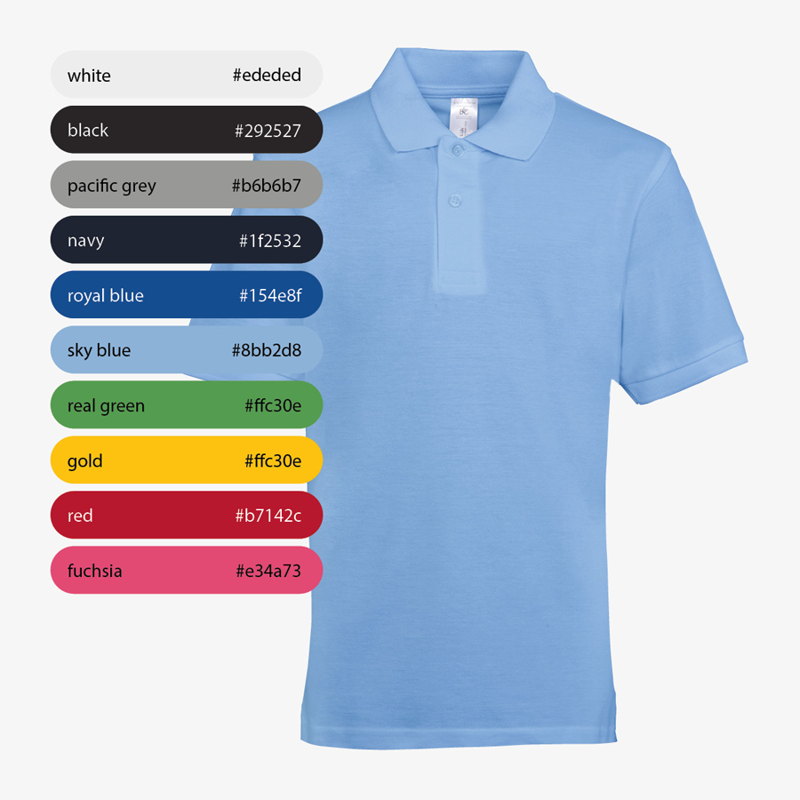 hellblaues Poloshirt für Kinder mit Farbtabelle