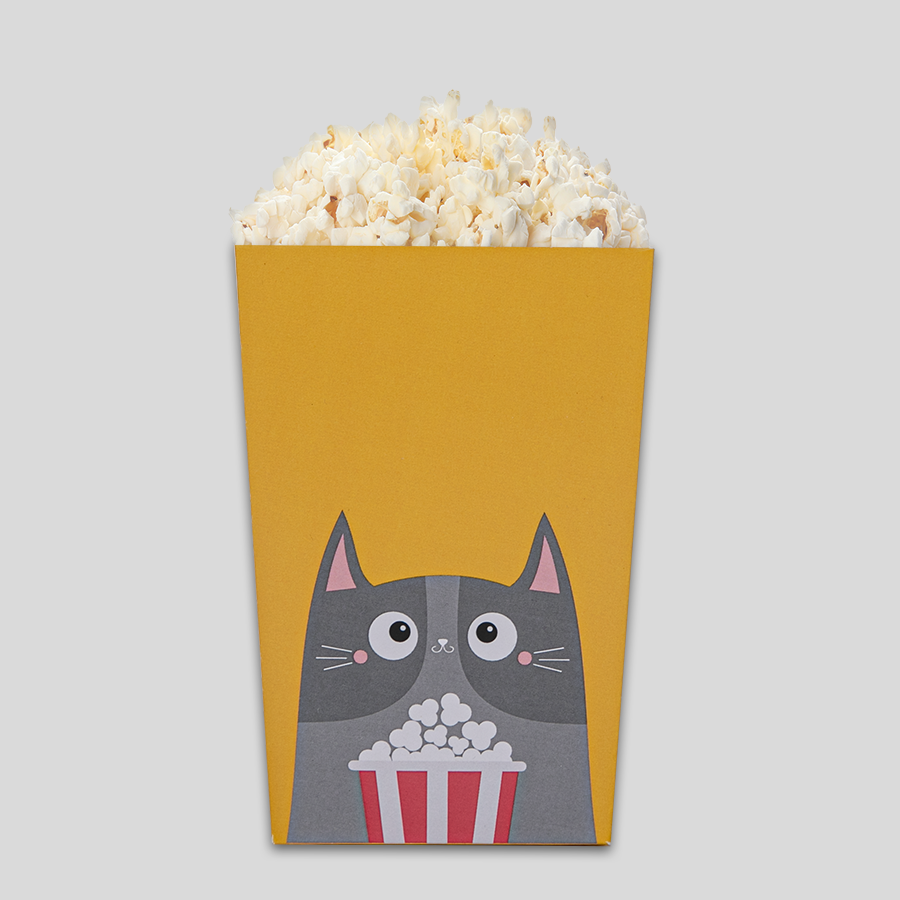 Vollfarbig bedruckte Popcornschachtel mit Steckboden, 85 x 85 x 125 mm