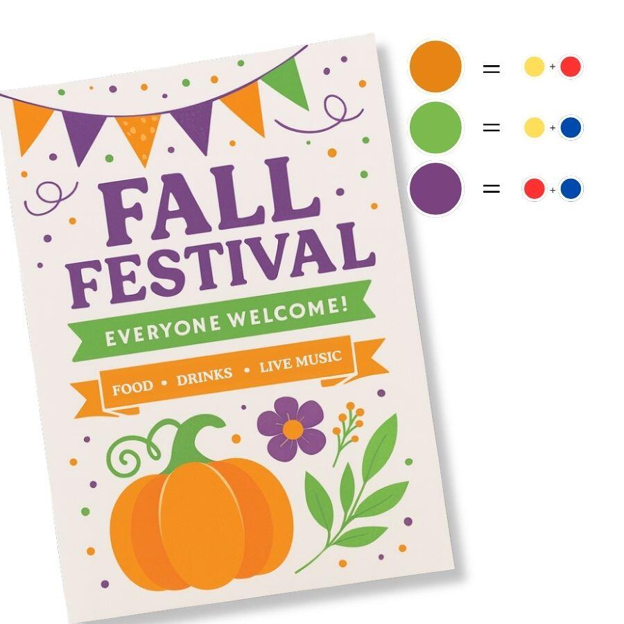 Postkarte für ein Herbstfestival mit den Sekundärfarben Orange, Grün und Violett