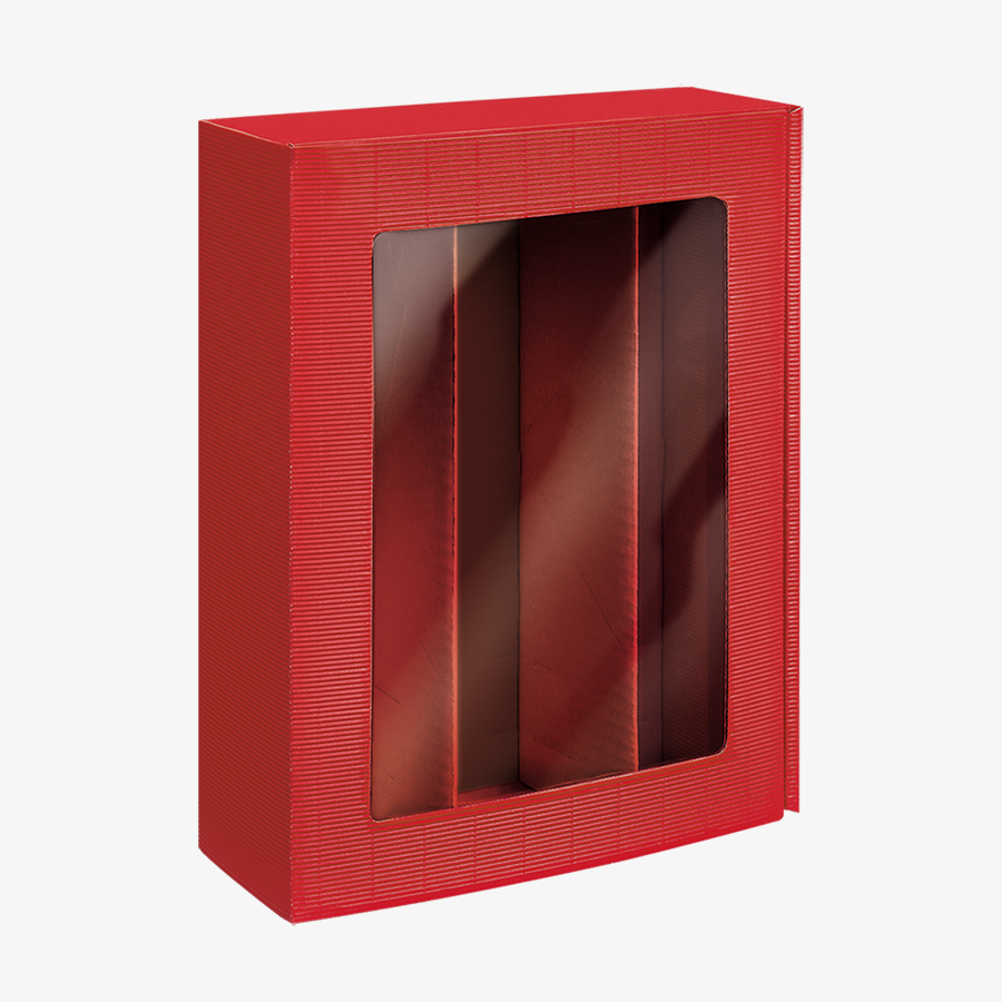 Präsentkarton aus roter Wellpappe mit Sichtfenster in Groß (36 x 25 x 9,5 cm)