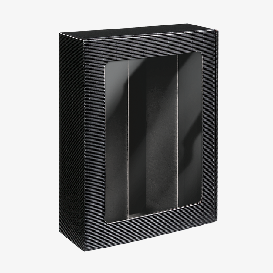 Großer Präsentkarton aus schwarzer Wellpappe (36 x 25 x 9,5 cm) mit Sichtfenster