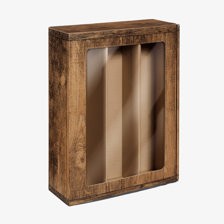 Präsentkarton in interessanter Holzoptik und mit Sichtfenster in Groß (36 x 25 x 9,5 cm)