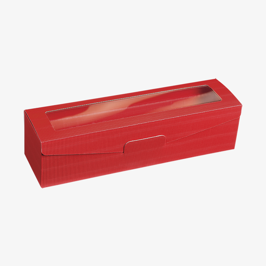 Kleiner Präsentkarton (38,5 x 9,2 x 9,5 cm) aus roter Wellpappe mit Sichtfenster