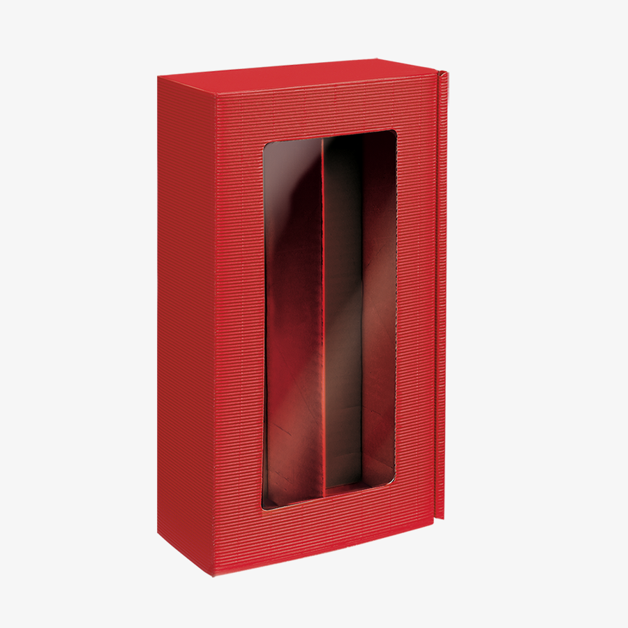 Roter Präsentkarton in mittlerer Größe (36 x 19,2 x 9,5 cm) mit Sichtfenster und offener Welle