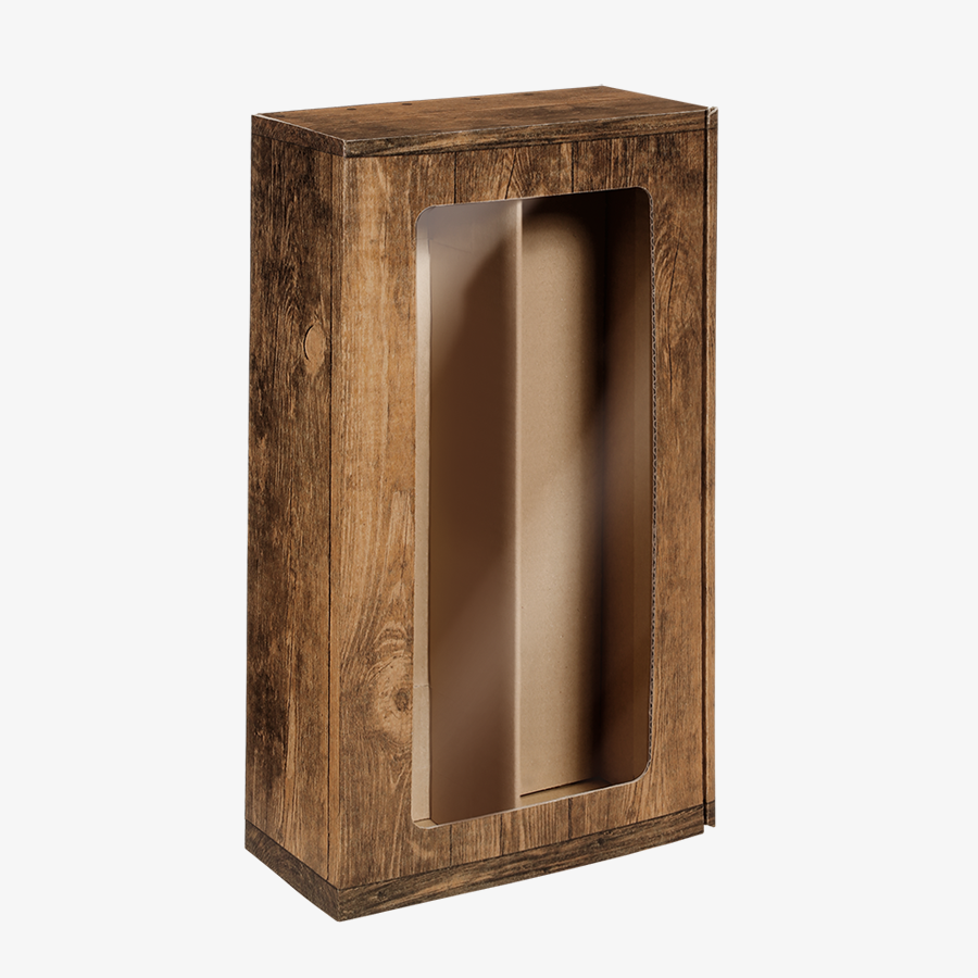 Mittelgroßer Präsentkarton (36 x 19,2 x 9,5 cm) mit Sichtfenster und Holzoptik
