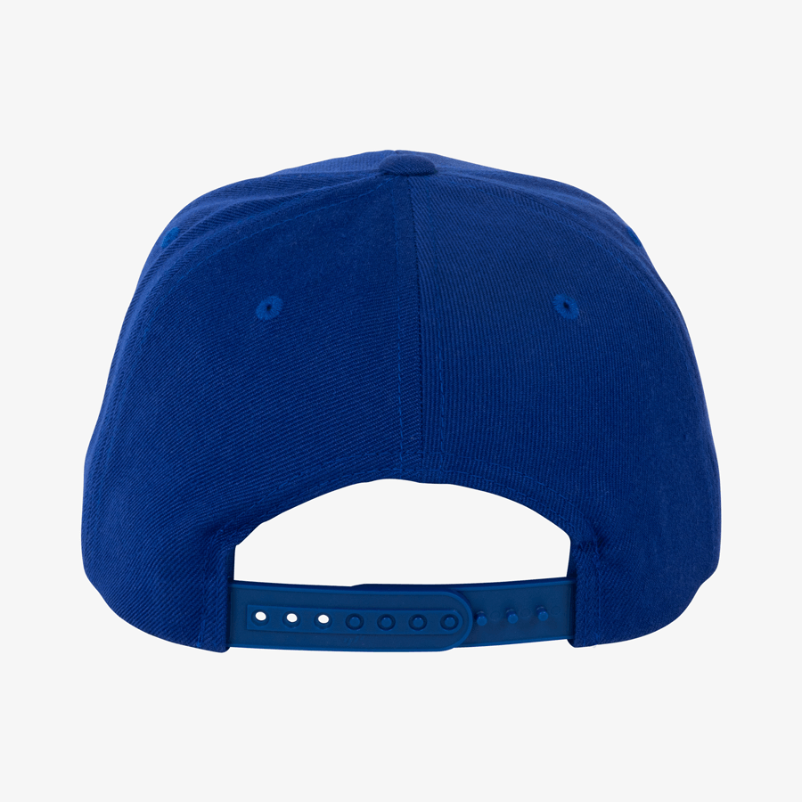 Rückseite einer dunkelblauen Premium-Snapback-Cap, individuell bestickbar