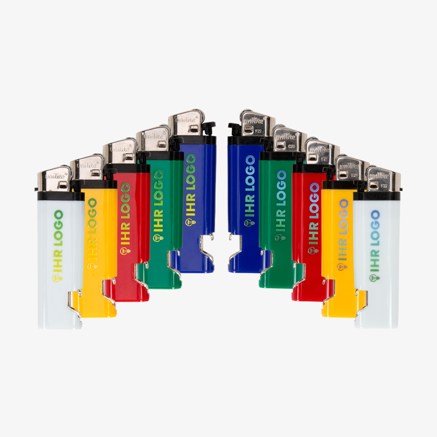 Reibradfeuerzeuge mit Flaschenöffner in vielen Farben, individuell bedruckbar