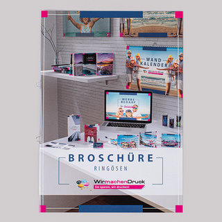 Broschüre im Hochformat mit Drahtheftung und Ringösen