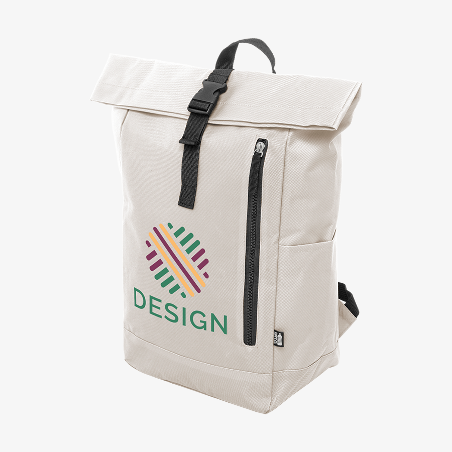Weißer Rolltop-Rucksack aus RPET mit Schnallenverschluss und Druckmotiv vorne