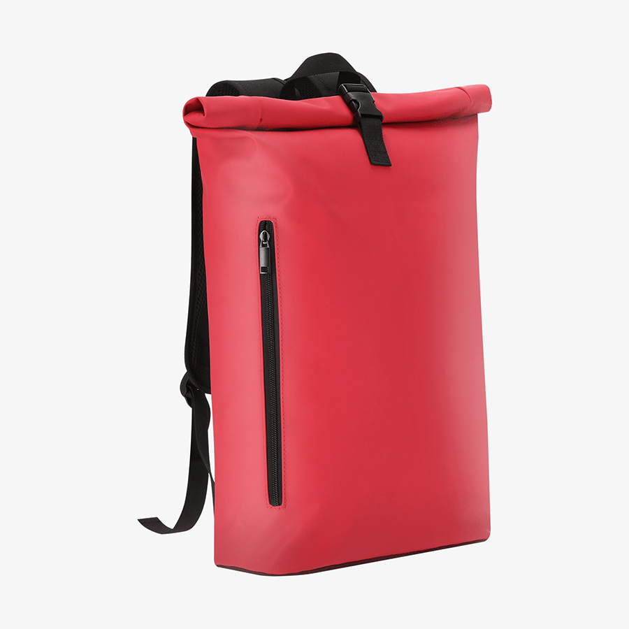 Roter Rolltop-Rucksack aus recyceltem PU-Material mit Reißverschluss, ohne Werbeanbringung