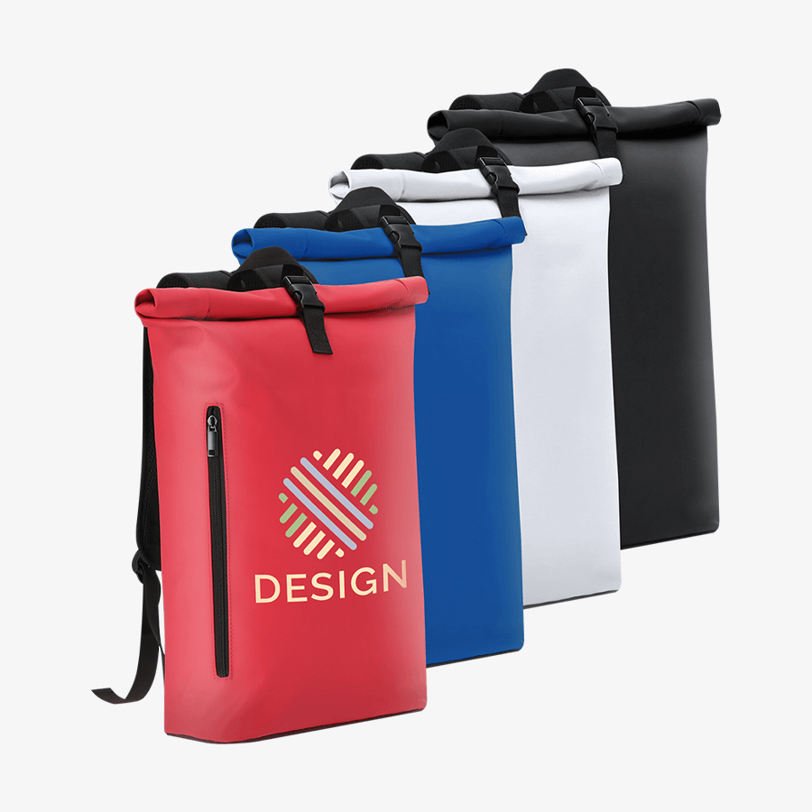 Rolltop-Rucksäcke in Rot (bedruckt), Blau, Weiß und Schwarz aus wasserabweisendem PU-Material