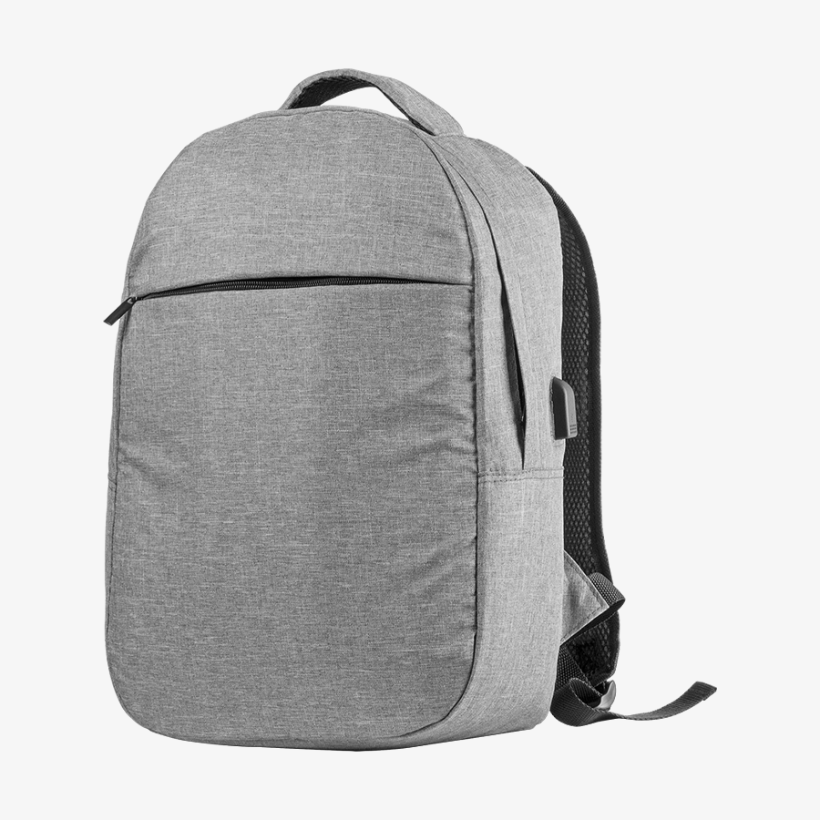 Grauer Anti-Diebstahl-Rucksack aus Polyester in der Gesamtansicht von vorne ohne Druck